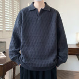 Korean Style Men's Polo Sweater Light Luxury Textured V-neck Knit Long Sleeve Pullover Autumn Casaul Trendy Male Clothing M-3XL