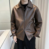 New Autumn Men's Casual Textured PU Leather Jacket High Street Zip-up Turn-down Collar Solid Color Long Sleeve Retro Coats M-3XL