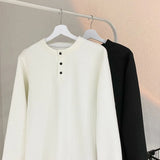 Spring NEW Mens Long Sleeve T Shirts Casual Round Neck Tees Button design White Black Undershirts Loose Fit Tshirts