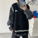 Sweater Vest Men V-neck Shrug Patchwork Knitted Couples Ins Plus Size 3XL Oversize Harajuku Vests Chic Korean Style Leisure