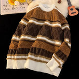 American autumn and winter street fashion personalized jacquard round neck pullover for couples loose retro color blocked knit