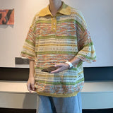 New Trend Men Fashion Striped Polo Shirt Light Luxury Hollow Out Knitted T-shirt Korean Style Summer Casual Short Sleeve Tops
