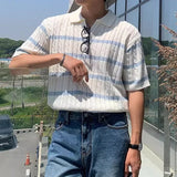 Summer Stylish Short Sleeve Mens Polo Shirt Casual Turn-down Collar Knitting Tops For Men Vintage Slim Fit Striped T Shirts