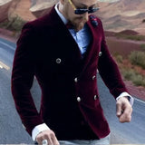 Burgundy Velvet Smoking Jacket for Men Slim Fit Double Breasted Casual Suit Blazer 1 Pcs Groom's Fashion Coat