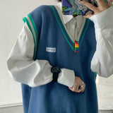 Sweater Vest Men V-neck Shrug Patchwork Knitted Couples Ins Plus Size 3XL Oversize Harajuku Vests Chic Korean Style Leisure