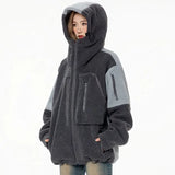 Hip Hop Fleece Fluffy Hooded Jacket Streetwear Harajuku Fuzzy Plush Patchwork Zipper Thick Warm Coats Fashion Loose Jacket