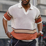 Knit Top Mens Boho Clothing Reto Polo Shirt Men Short Sleeve Vintage Sweater Contrast Hollow Summer Men Casual T Shirts Pullover