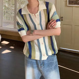 Leisure Breathable Hollow Out Shirt For Men Summer Beach Casual Short Sleeve Knitted Shirts Mens Fashion Striped Knitting Tops