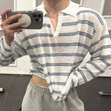 New Japanese Striped Male Polo Shirt Trendy Loose V Neck Knitted Long Sleeve T-shirt Casual Lazy Sports Fitness Basic Tops M-3XL