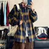 Oversized Long Sleeved Shirt Men Retro Plaid Shirt Men Japanese Streetwear Loose Casual Shirt Mens Vintage Shirts Plus Size 5XL