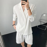 Summer Black/White Sets Men Fashion Long-sleeved Shirt Shorts Two-piece Men Korean Casual Loose Plaid Sets Mens Suit M-2XL