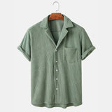 Summer Clothing Men's Luxury Corduroy Plaid Short Sleeve Shirts Casual Streetwear Button-down Solid Color Breathable Vintage