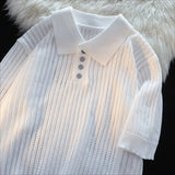 T-shirts for Men Hollow Out Summer Turn-down Collar Short Sleeve Solid Lightweight Korean Style Button Knitted Commuting Casual