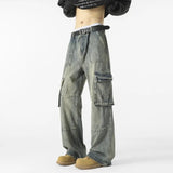 Mens Loose Fit Straight Wide Leg Cargo Jeans outdoor Multi Pocket Patchwork Denim Pants Trending Streetwear Utility Style