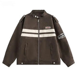 American Retro Striped Coat Contrasting Color Spliced Leather Jacket Japanese Spring Couple Racing Style Leather Jacket Chic