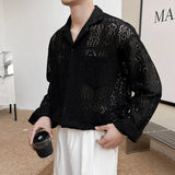 New Chic Men Hollow Out Cardigan Tops Light Luxury Korean Style Long Sleeve Shirts Casual Retro Solid Color Button-down Blouse