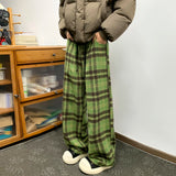 Winter Vintage Fleece Plaid Wide Leg Pants Men's Woolen Casual Thick Warm Pants Men Women Loose Straight Mopping Trousers