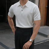 Vintage Polo Collar Knitted Shirts Mens Spring Summer Trendy Solid Color Slim Polo Shirt Casual Men Short Sleeve Knit Polos