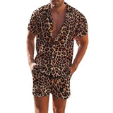 Leopard Print Men's Two Piece Set Short Sleeve Turn-down Collar Shirt And Shorts Loose Casual Suits Summer Fashion Outfits Male