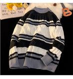American autumn and winter street fashion personalized jacquard round neck pullover for couples loose retro color blocked knit