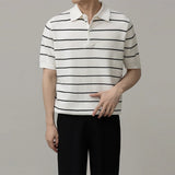 Men's Clothing Light Luxury Business Striped Polo Shirt Casual Slim-fit Knitted Short Sleeve T-shirt High Quality Patchwork Tops