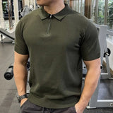 New Men Fashion Tops American Style Light Luxury Knitted Zipper Polo Shirt Casual Fitness Solid Color Short Sleeve Fitness Tees