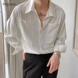 Pockets Mature Casual Shirts for Men Solid Colors Single Breasted Loose Summer Thin Hipster Temperament Korean Vetement Homme