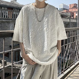 Pleated T-shirts Men Baggy Solid O-neck Half Sleeve Leisure Korean Style High Street Vintage Daily Normcore Youthful Vitality
