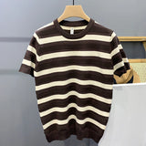 Summer Men's Clothing Leisure Light Luxury Knit O Neck T Shirt Korean Striped Short Sleeve Retro Breathable Fashion Knitwear