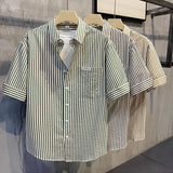 Elegant Fashion Harajuku Slim Fit Ropa Hombre Loose Casual Sport All Match Tops Square Neck Button Pockets Short Sleeve Blusa