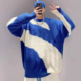 Korean style autumn and winter men and women trend splicing round neck sweater for couples loose retro Harajuku knitted top y2k