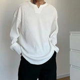 Spring White V-Neck Pleated Stripe T-Shirt Men Large Size Silky Soft Long Sleeved T-Shirt Summer Loose Bottomed Shirt