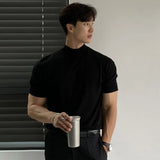 Business Casual Men's T-shirts Knitting Mock Neck Short Sleeve  Loose Male Pullover Tops Solid Color New Spring