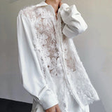 Niche Design Men Shirts Turn-down Collar Hollow Out Pearl Lace -up Patchwork Loose Solid Color Male Long Sleeved Top