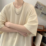 Summer Men's Texture T Shirt Leisure Half Sleeve V Neck Solid Color Loose Basic TShirt Popular Streetwear White/Black/Apricot