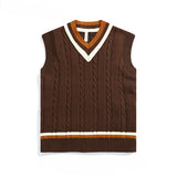 Men's British Retro College Style Color Block V-neck Sleeveless Knitted Vests Autumn Winter Versatile Layered Sweater Waistcoat