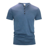 Men's Henry Collar Cotton Short Sleeve T-shirt Casual Solid PoIo Shirt Male Cozy Tees Slim Fit Dailywear Button Up Basic Tops
