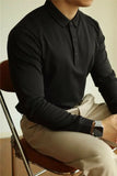 New American Retro Men Polo Shirt Light Luxury Solid Color Slim-fit Commuting Long Sleeve T-shirt Leisure Business Pullover Tops