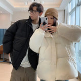 New Winter Silk-like Cotton Jackets Men Fashion Thicken Warm Parkas Couple Streetwear Loose Casual All-match Bread Coat