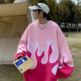 Men's Knitted Gradient Fire Round Neck Sweater High Street Couple Knitwear Autumn Winter Loose Long Sleeves Jacket Pullover Tops