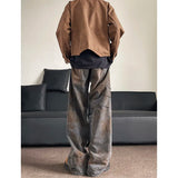 Men Straight Loose Vintage Rust Color Distressed Denim Pants Streetwear Casual  Baggy Trousers Trendy Hip Hop Floor Length Jeans