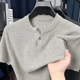 New Men Luxury Chinese O Collar T-Shirt Leisure Slim Button-down Solid Color Short Sleeve Tops Summer Breathable Basic Knitwear