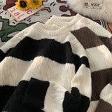 Korean Spring and Autumn Trendy Personalized Striped Round Neck Sweater for Couples Loose Retro Harajuku Casual Knitted Top y2k