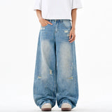 American Style Men's Jeans Holes Design Washing Gradient Color Summer Straight Leg Loose Male Denim Trousers Simple