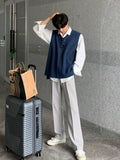 V Neck Sweater Man Blue Waistcoat Jumpers Loose Knit Vests for Men High Quality Elegant Vintage Y2k Smooth Casual Korean Style