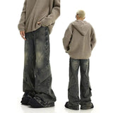 American street trend retro yellow mud washed jeans men high street patchwork irregular design drape feeling micro flared pants