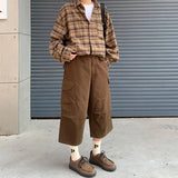 Summer Cotton Casual Pants Men Retro Cargo Pants Men Japanese Streetwear Hip-hop Loose Wide Leg Pants Men Cropped Trousers