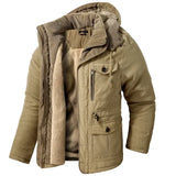 Lamb Warm Men's Parkas Jacket Hooded Winter Men's Clothing Fleece Hooded Cotton Thickened Multi Pocket Casual Mid Length Coat