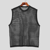 Summer Men's Clothing Luxury Knit Hollw Out Tank Tops O Neck Sleeveless Mesh Sexy Solid Color Party Vest Breathable Knitwear