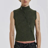 Streetwear Men Knitted Vest Pullovers New Men's Turtleneck Sleeveless Top Sweater Zipper Tie-dye Clothing Autumn C3482
